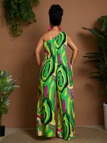 Maweii Plus Size Women Oblique Shoulder Wide Leg Jumpsuit, Casual Holiday Romper - Multicolor - View 2
