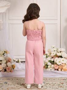 2pcs/Set Girl Solid Color Mesh Floral Decor Camisole And Wide Leg Pants - Pink - View 2