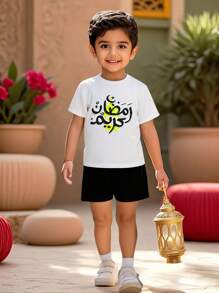 SHEIN 2 Summer Toddler Sets: 1 White Short Sleeved T-Shirt Paired With Black Sports Shorts. Suitable For Daily Wear, Vacation, School, And Sports