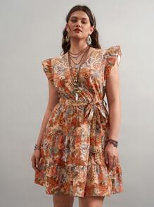 SHEIN VCAY Plus Size Summer Beach Paisley Print Ruffle Trim Belted Nashville Short Dress,Boho,Tie Dye,Vacation,Holiday,Country Western Wear Women,Concert Outfit - Multicolor - View 5
