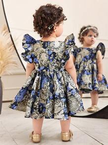 SHEIN Summer Cute & Elegant Black Floral Pattern Babygirl Dress - Black - View 2