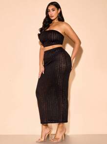 SHEIN BAE Plus Size Women's Sexy Elegant Casual Beach Sheer Black Tube Top And Hollow Out Knit Skirt 2 Pieces Set, Spring/Summer