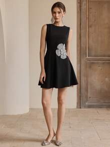 Anewsta Ladies' Woven Socialite Heavy Craftsmanship Hot Stamping Three-Dimensional Flower Elegant Sleeveless Black Jumpsuit Summer, Festival, Graduation Outfit - Black - View 6