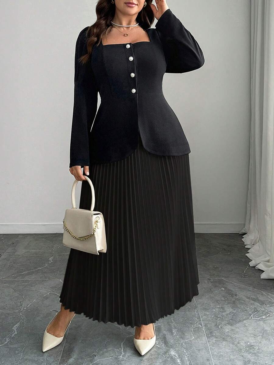 Elenzga 2pcs/Set Women Plus Size Single-Breasted Square Collar Long Sleeve Top And Pleated Midi Skirt