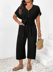 SHEIN CURVE+ Plus Size V-Neck Sleeveless Jumpsuit, Waist Cinched Tie, Pockets, Casual Summer Holiday Wearsummer/Country/Beach Vacation Outfits/Beach Outfits/Beach Wear - Black - View 5