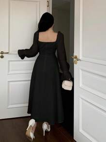 Feyla 女士纯色方领荷叶边下摆长袖连衣裙长款晚礼服 - 黑色 - 查看 2