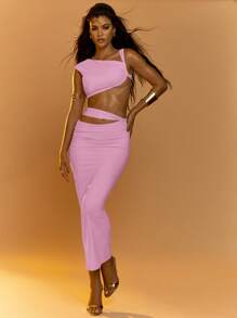 MISSGUIDED 两件套夏季套装不对称单肩短款上衣搭配褶饰高腰超长裙派对俱乐部节日海滩度假度假套装