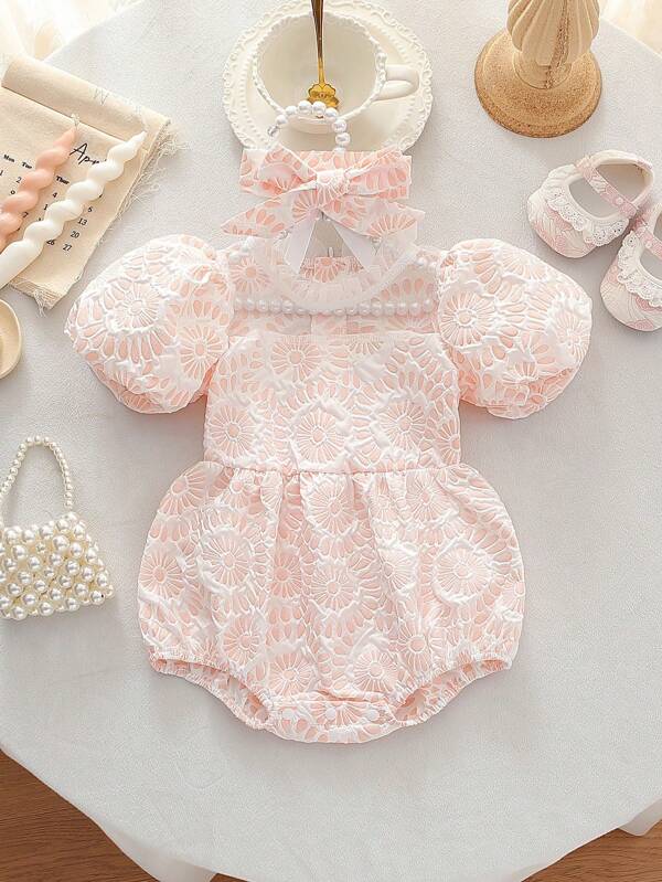 SHEIN 2pcs/Set Baby Girl's Elegant Floral Romper With Frilly Collar And Ruffle Sleeves, Paired With Matching Headband. Featuring High-Quality Fabric And Fashionable Floral Design