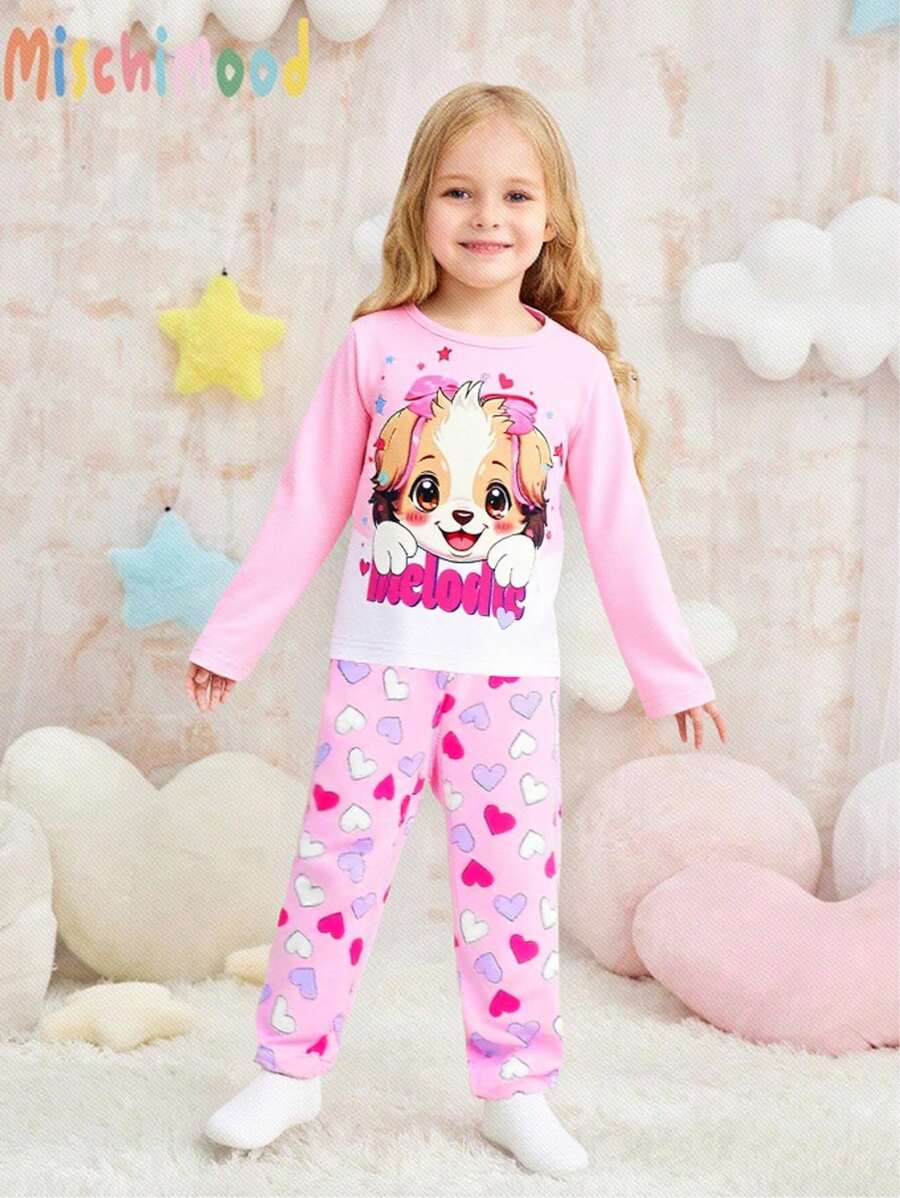 2pcs Baby Girls' Cute Dog & Heart Print Casual Home Outfit, Long Sleeves T-Shirt And Pants Set