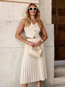 SHEIN Clasi 优雅婚礼风格背心和百褶裙两件套，前开单扣 2 件女式 3D 花卉背心和百褶裙套装节日优雅老款女士夏季服装两件套女士、夏季服装、夏季服装、女士沙滩装、乡村音乐会服装、休闲度假服装、乡村服装、女士商务休闲装 - 杏色 - 查看 7