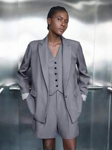 Maija 女士灰色早春时尚百搭翻领垫肩前袋条纹撞色面料长袖休闲办公宽松西装外套节日 - 灰色 - 查看 3