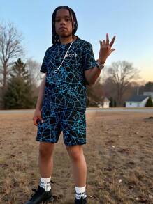 SHEIN Tween Boy Geo & Letter Graphic Tee & Shorts - Black - View 1