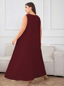 SHEIN Najma CURVE Đầm suông cổ tròn không tay màu trơn phong cách Ả Rập cỡ lớn cho nữ - Màu Đỏ Sâu - Xem 2