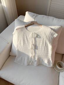 Comfortcana Women's White Solid Color Front Tie Short Sleeve Casual Thin Cardigan,Vacation Tops - White - View 5