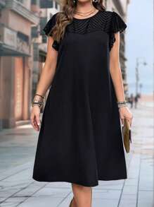 SHEIN LUNE Vestido amplio de mujer unicolor en gasa con diseño de parches, volantes y mangas acampanadas - Negro - Ver 5