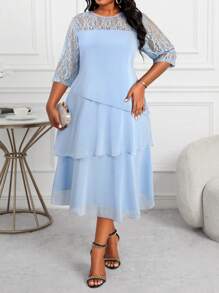 SHEIN Lady 大码女装商务专业蓝色镂空袖蕾丝拼接荷叶边分层中长连衣裙教师服教师连衣裙秋季连衣裙蕾丝连衣裙四季