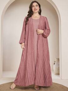 2pcs Plus Size Women Arabic Style Set: Minimalist Jacquard Long Sleeve Loose Cardigan And Solid Crew Neck Sleeveless Loose Casual Dress, Spring/Summer - Dusty Pink - View 6