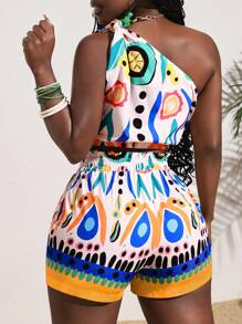 Slaydiva 2pcs Women Vacation Polka Dot Print Sleeveless Cropped Top And Shorts Set