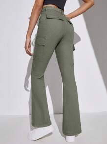 SHEIN Teen Girls Y2k High Waist Flap Pocket Side Flare Leg Cargo Jeans, For Spring And Summer Outfit