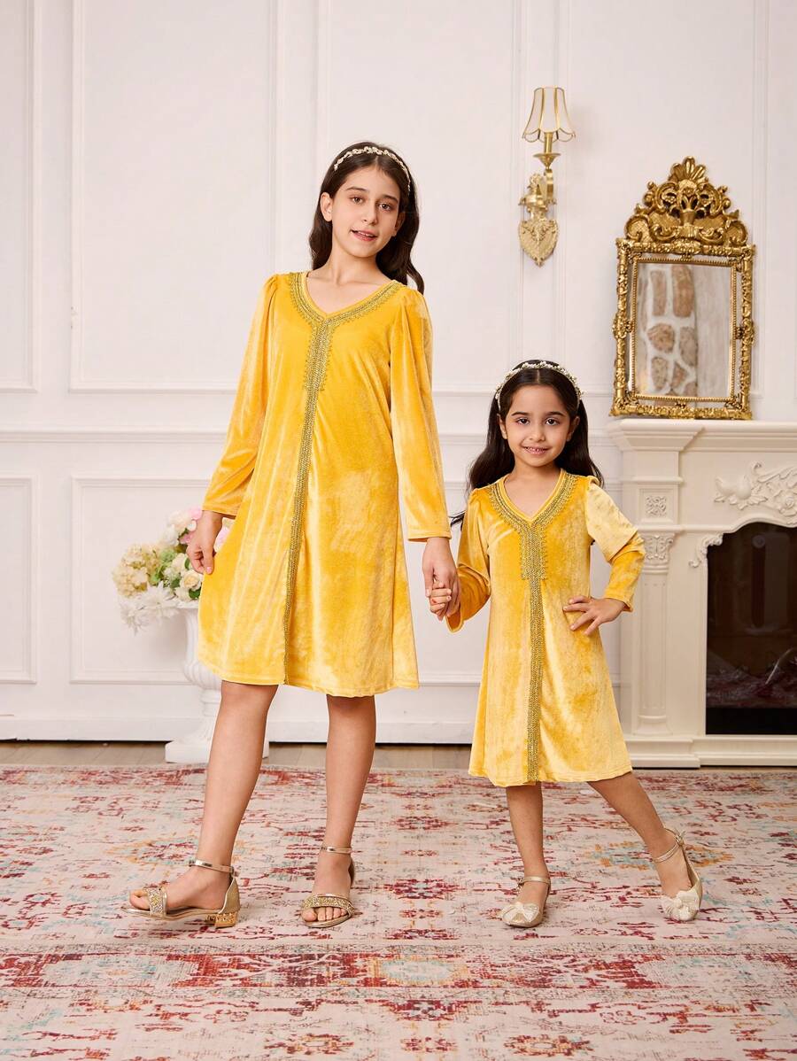 SHEIN Young Girl Yellow Velvet Gold Glitter Trim Long Sleeve V-Neck Long Dress, Fashionable Outerwear