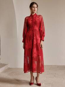 Anewsta Ladies' Mesh Fabric, Heavy Craftsmanship Embroidery, Elegant Long Sleeved Wine Red Button Decoration, Long Dresss Pring - Burgundy - View 4