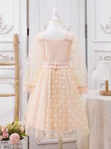 Young Girl Patchwork Polka Dot Mesh Long Sleeve Square Neck Dress,Blush Pink,Autumn,Fairy,Formal,Party,Suitable For Parent-Child Activities,Soft Dress - Apricot - View 7