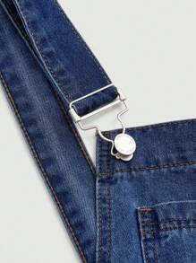 SHEIN MOD Retro Casual Women's Denim Bib Overall Knee-Length Dress, Blue