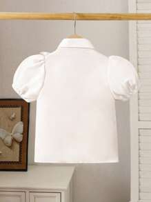 SHEIN Áo công chúa tay bồng màu trắng cho bé gái có viền xếp nếp và nơ trang trí - trắng - Xem 2
