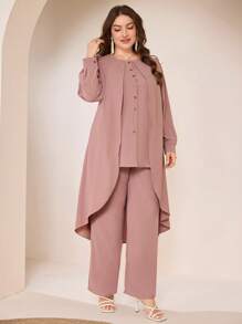 Graceveil 2 Pieces Set Elegant Crinkle Chiffon Round Neck Plus Size Fall Cloth For Women - Dusty Pink - View 6