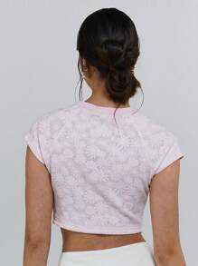 Athîral Women Floral Pattern Raglan Sleeve Crop Casual T-Shirt - Pink - View 2