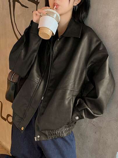 DAZY 女士休闲百搭纯色夹克，适合春秋季穿着，秋季女装皮夹克