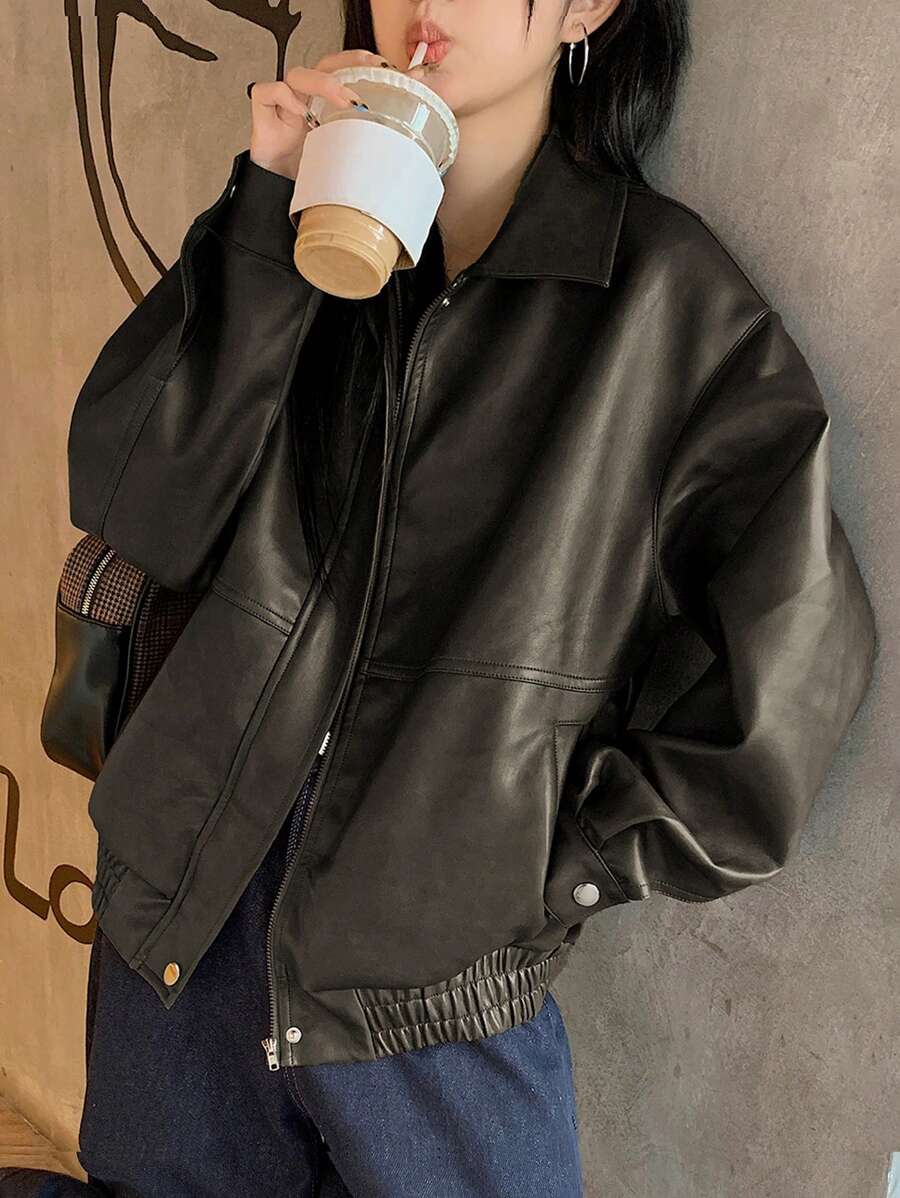 DAZY 女士休闲百搭纯色夹克，适合春秋季穿着，秋季女装皮夹克 - 深灰色 - 查看 1