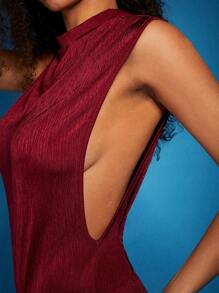 COSMINA Women's Sleeveless Pleated Dress, Elegant Stand Collar Fashion - Burgundy - View 7