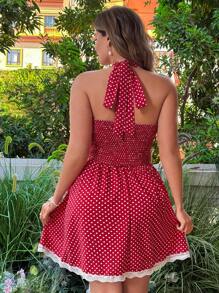 Flirla Đầm hở lưng chấm bi ren thanh lịch cỡ lớn, phong cách nghỉ dưỡng - Đỏ - Xem 6