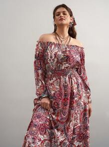 SHEIN VCAY Vestido de manga larga con hombros descubiertos, talla grande, para usar de vacaciones - Multicolor - Ver 1