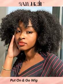 Machine Made Afro Kinky Curly With Bangs Wig 180% Density Natural Black Color Short Curly Human Hair Top Quality Glueless Wig More Full And Fluffy Wig For  Daily Use (Black) - Natural Black - View 2