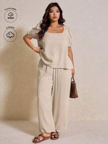 Elaquor 大码 2 件套圆领短袖纯色 T 恤和裤子 - 杏色 - 查看 1