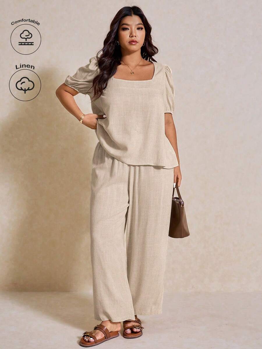 Elaquor 大码 2 件套圆领短袖纯色 T 恤和裤子 - 杏色 - 查看 1