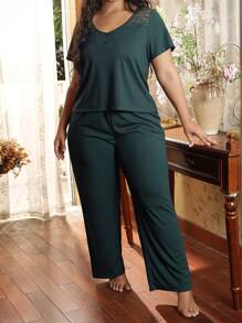Plus Size Casual Koronkowy Patchworkowy Zestaw Piżamowy
