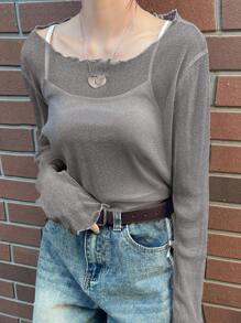 FRIFUL Damski, prześwitujący top z falbanką w kształcie serca, dopasowany, z długim rękawem, jesienne ubrania