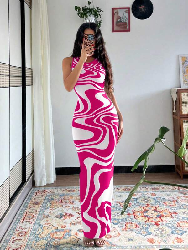 Islaluna Women's Tie-Dye Print Fitted Dress, Summer Long Dress, Green Long Dress Maxi Women Outfit