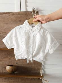 SHEIN Young Girl Vacation Beach Casual Versatile Embroidery Hollow White Loose Short Sleeve Blouse,Holiday,Summer,Travel - White - View 1