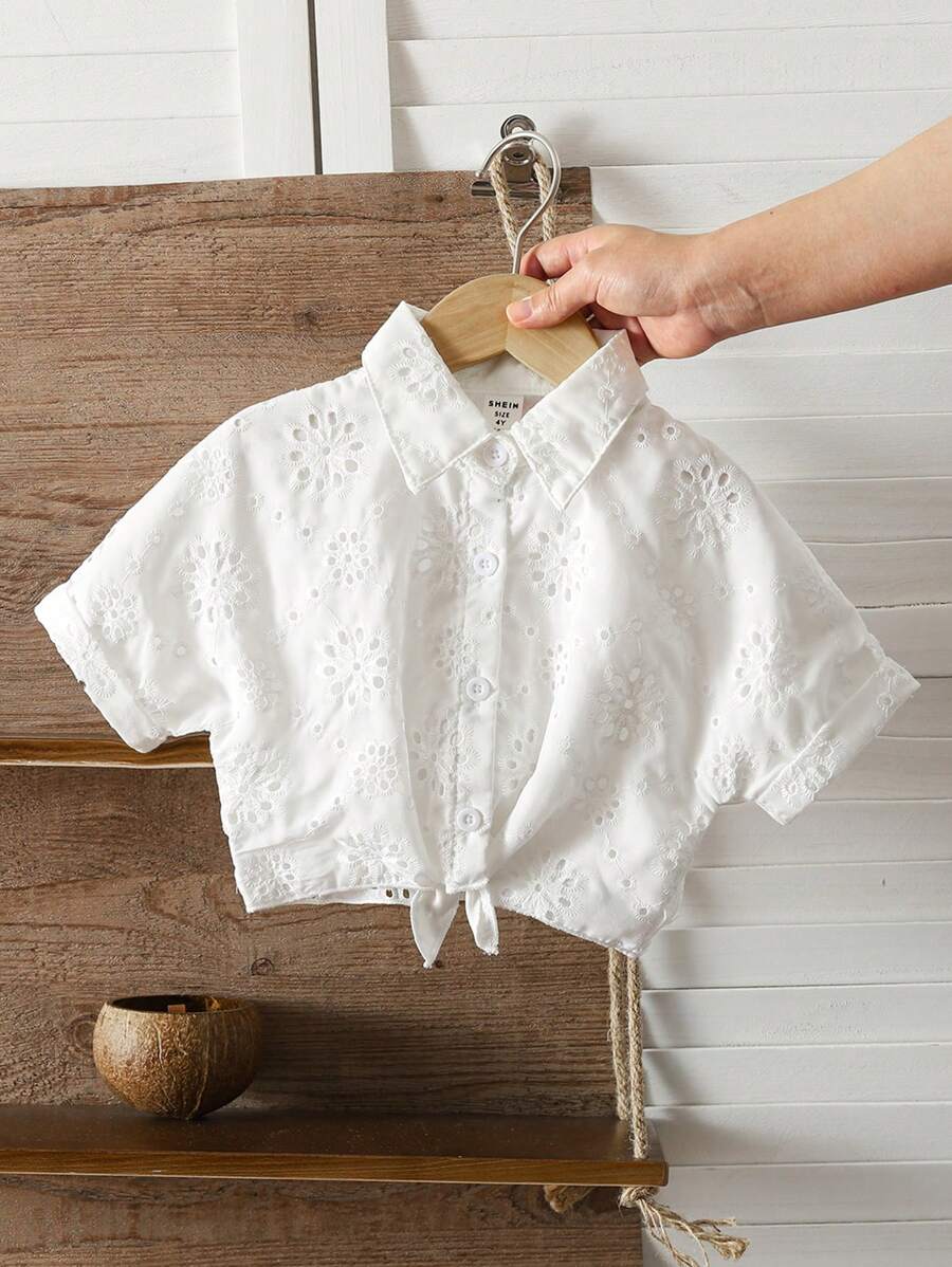 SHEIN Young Girl Vacation Beach Casual Versatile Embroidery Hollow White Loose Short Sleeve Blouse,Holiday,Summer,Travel - White - View 1