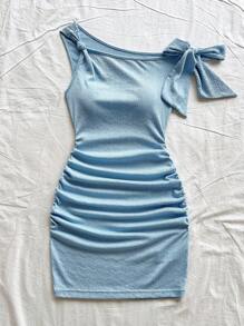 Soleia 女式度假针织纹理细肩带蝴蝶结后背蓝色紧身连衣裙