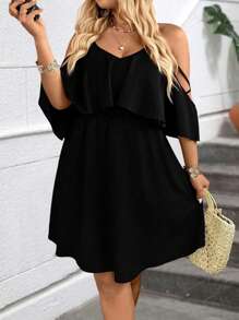 SHEIN LUNE Women's Hollow Out Shoulder Short Sleeve Cinched Waist Slim Fit Dress - Black - View 3