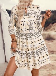 LanaWest Summer Women Bohemian Casual Geometric Print Ruffle V-Neck Short Dress