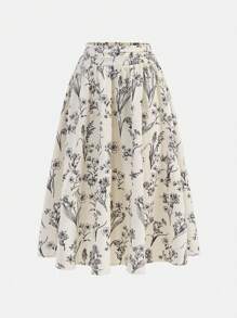 SHEIN Tween Girl 2 Pieces Floral Print Halter Neck Top And Midi Skirt Set