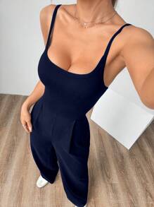 Flirla Sexy Solid Color Backless Loose Jumpsuit - Navy Blue - View 3