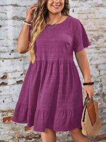 SHEIN LUNE Plus Size Women Solid Color Round Neck Ruffle Short Sleeve Ruffled Hem Casual Dress - Red Violet - View 5