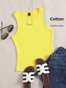SHEIN EZwear Summer Outfits Solid Rib Knit YellowTank Top